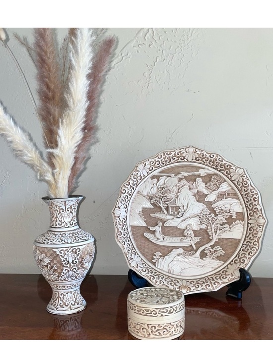 Ivory Dynasty Arnart Imports, Inc Other - Vintage 1982- Ivory Dynasty 3 piece Matching Set. Vase, Trinket Box & Plate.